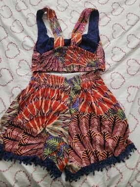Band of Gypsies Multicolor Tropical Print Shorts Set with Navy Accents